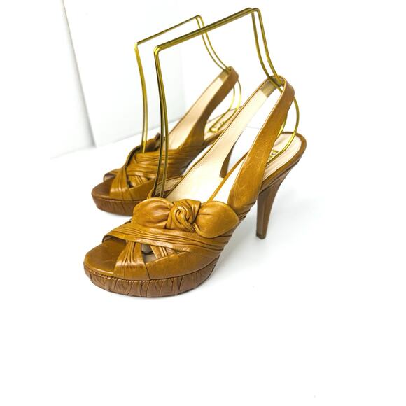 Prada Tan Leather Slingback Heels Size 36 Knotted Platform Sandals - Picture 2 of 11